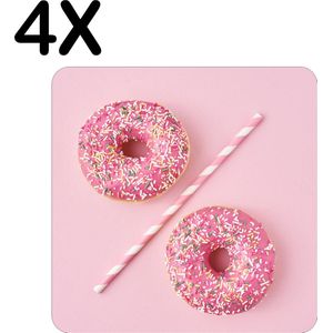 BWK Luxe Placemat - Roze Donuts met Rietje - Set van 4 Placemats - 50x50 cm - 2 mm dik Vinyl - Anti Slip - Afneembaar