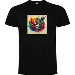 Zwart T-Shirt met “Kleurrijke Yin Yang met Draak en Phoenix – Balans “ Print Full Color Maat 4XL