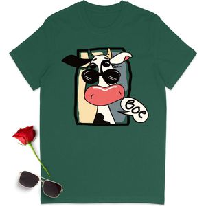 Grappig t Shirt met Cartoon Koe - Dames t shirt met print - Heren t shirt met opdruk - Unisex maten: S M L XL XXL XXXL - Tshirt kleuren: wit, khaki, blauw en groen.