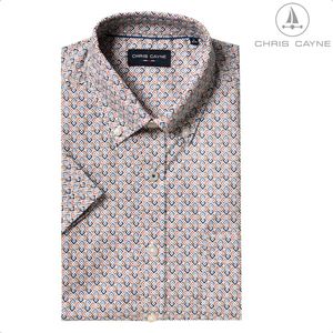 Chris Cayne heren overhemd korte mouw - maat XL - met borstzak - kleur blauw/oranje/camel - geprint dessin - 100 % Katoen - 1020 - shirt heren - shirt XL - borstzak