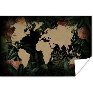 Poster - Wereldkaart - Planten - Bloemen - 120x80 cm