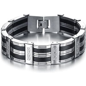 Victorious Armband Heren – Zwarte Strepen & RVS Roestvrij Staal– Zilver/Zwart – 24cm