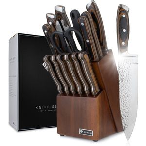 Dymund® Messenset met Blok - Koksmessen Set Incl Messenblok - (15-delig) - Gehamerd - RVS - Bruin