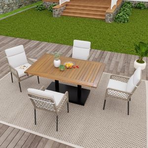 Sweiko Tuin dining loungeset - 4 stoelen + eettafel - Acaciahouten tafelblad - PE rotan - Metalen frame - Wit + natuurlijke