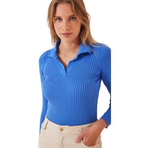 Happinessistanbul Dames Roze Polo Hals Geribbelde Gebreide Trui Va00028