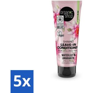 5 x Organic Shop - Shining Leave-In Conditioner Water Lily & Amaranth - 75 ml - Biologisch - Vegan - Haarbescherming - Haarherstel - Fijn Haar