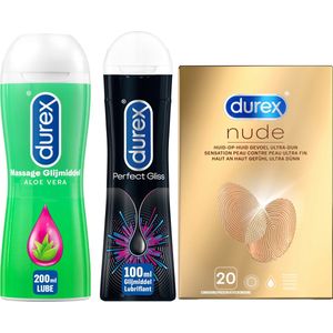 Durex - Nude Condooms 20 stuks - Anaal Perfect Gliss Glijmiddel 100ml - Massage Aloe Vera Glijmiddel 2/1 200ml