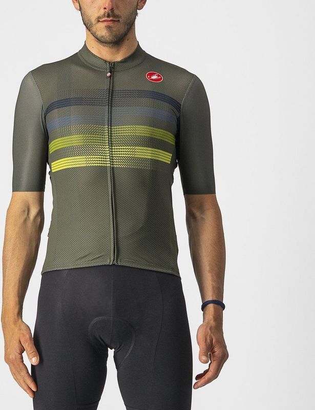 Castelli Fietsshirt Korte Mouwen Heren Groen Geel - ENDURANCE PRO JERSEY MILITARY GREEN BLUE SULPHUR-2XL