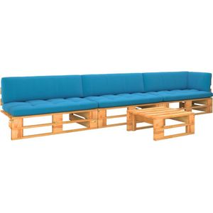 The Living Store Pallet Loungeset - Grenenhout - Blauwe kussens - 110 x 65 x 55 cm - Inclusief tafel en kussens - Geschikt voor binnen en buiten - Montage vereist - The Living Store