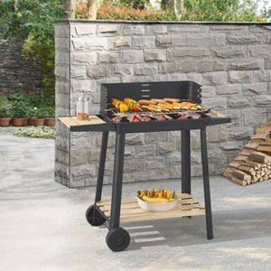 Houtskool Grillwagen met Verstelbaar Grillrooster - BBQ met 2 Wielen en Windscherm - Ideaal voor Tuinfeesten
