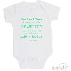 100% katoenen Romper ""Lieve papa & mama ik hoorde dat jullie geweldig zijn en ben heel blij dat jullie mijn vader & moeder gaan worden!"" Unisex Katoen Wit/mint Maat 56/62