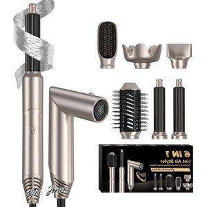 Mrs. Jones 6-in-1 haardrogerborstel ionische airstyler voor haarstyling föhn haarborstel gladde krullen natte doos goud .