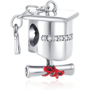 Fler® | Bedel | Past op populaire bedel armbanden (standaard-3mm) | armbandbedel | Geslaagd | Afgestudeerd | Diploma | Afstuderen | Acadamic cap | Graduation | Cumlaude | Bedel Charm | 925 Sterling Zilver | Emaille rood | Cadeau |