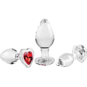 Adam & Eve Buttplug Red Heart Gem Glass Set Transparant