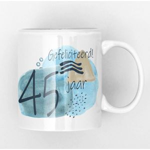 Mok in blauwe tinten 45 jaar verjaardag beker cadeau voor collega, vriend, vriendin, moeder, zus, baas