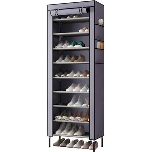 schoenenkast, 10 etages, 58 x 28 x 170 cm, stofdicht, geschikt voor maximaal 30 paar schoenen, plastic, grijs, 58 x 28 x 170 cm