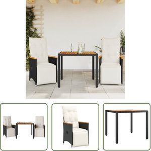 The Living Store 3-delige Bistroset met kussens poly rattan zwart - Tuinstoel - Bistroset - Lounge Set - Buitendining - Patio Furniture
