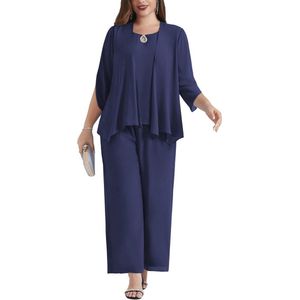 Dames grote maten chiffon avondpak sets voor cocktailparty en feesten - 3-delige set met shirt en hoge taille broekpak, Donkerblauw, 50