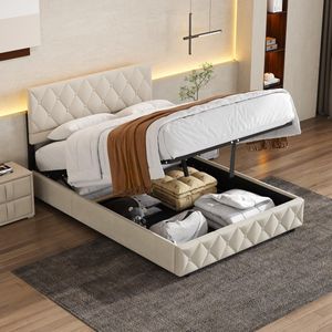 HAUSS SPOLE Boxspringbed-Met Opbergruimte En Hoofdbord-Ideaal Voor Slaapkamers-90*200 cm-Metalen Frame En Fluwelen Bekleding-Lichtgrijs