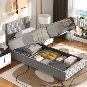 HAUSS SPOLE Gestoffeerd bed 90x200 cm - Bed Met Opbergruimte - Jeugdbed - Opslagbedden - Fluwelen gestoffeerd bed - Lichtgrijs (Zonder matras)