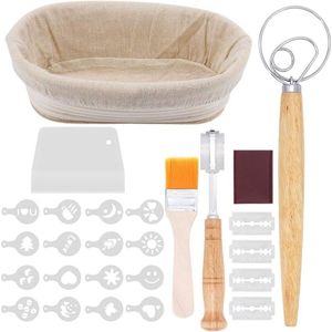 Rijsmandje Broodbakken - Rijsmandje Brood - Banneton - Deegkleed Linnen Rijsmand Ovaal - Zuurdesem Starter Set - Deegmand Incl. Deegschraper, Broodmarkeringsmes En Borstel