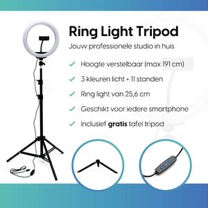 BixtoBix 10 inch LED Ringlamp met statief en Mini Tripod t.w.v. €19,95 - 2023 model- Ringlight - Selfie - Thuis werken - Ring Light Lampen Statief