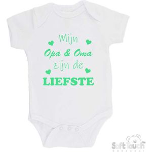 100% katoenen Romper ""Mijn Opa & Oma zijn de liefste"" Unisex Katoen Wit/mint Maat 68/74