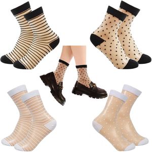 Pure Socks, 4 paar ademende dunne transparante sokken met stippen en ruches, mesh zomersokken voor dames - zwart, wit, wit, zwart, 37-40 EU, wit, zwart