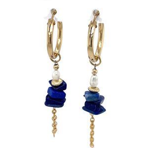 Pat's Jewels Oorbellen - Oorringen - Statement Oorbellen - Goud - Edelsteen Hanger - Blauw