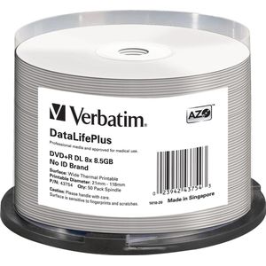 Verbatim DVD+R 8,5Gb=Dual Layer 8x wide thermal printable, Cakebox van 50 stuks(43754)