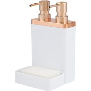 Spoelbak-organizer met dubbele afwasmiddeldispenser en sponshouder (wit-roségoud)