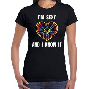 Regenboog hart Sexy and I Know It gay pride / parade zwart t-shirt voor dames - LHBT evenement shirts kleding / outfit XS