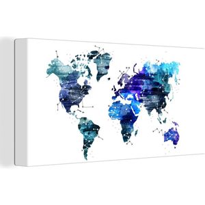 Canvas Wereldkaart - 80x40 - Wanddecoratie Wereldkaart - Sterrenhemel - Blauw