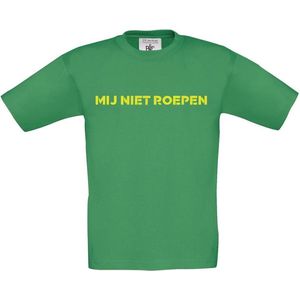 T-shirt voor kinderen met opdruk “Mij niet roepen” (kinder variant op Mij niet bellen) | Chateau Meiland | Martien Meiland | Kelly groen T-shirt met gele opdruk. | Herojodeals