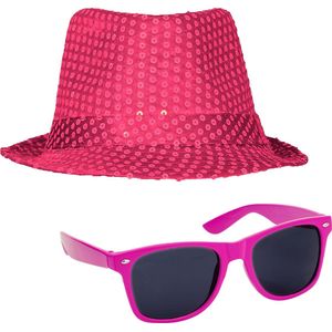 Toppers - Carnaval verkleed set compleet - hoedje en zonnebril - roze - heren/dames - glimmend - verkleedkleding