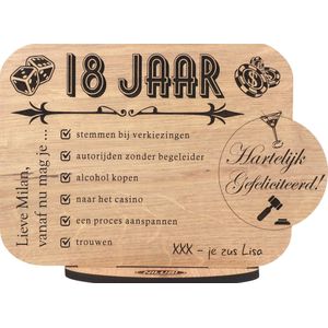 18 JAAR - houten wenskaart - kaart van hout - verjaardagskaart - gefeliciteerd - volwassen - gepersonaliseerd met naam - 17.5 x 25 cm