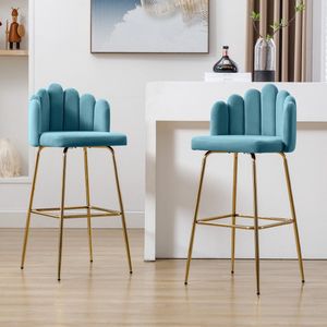 Sweiko Fluwelen barstoelen, 2-delige set, moderne vrijetijdsstoelen, bloemblaadjesstoelen met vier metalen steunpoten, geschikt voor restaurants en bars, Tiffany blauw