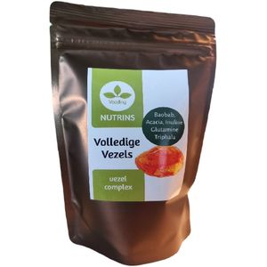 Volledige vezels Nutrins 20 x 8,5 gram. Prebiotica volledige voedingsvezels: Baobab-vezels, Acacia-vezels, inuline, triphala (zie foto), L-glutamine en stevia.