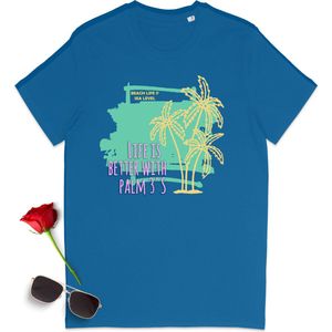 Zomer tshirt met print - Life is better with palmtrees - T-shirt met zomer opdruk heren - T shirt dames met zomer print - Vakantie t shirt voor vrouwen en mannen - Unisex maten:  S M L XL XXL XXXL - Tshirt kleuren: Zwart, geel, rood en blauw.