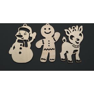 Kersthanger set Kerstfiguren: Sneeuwpop, Rendier, Speculaaspop - uniek houten ontwerp - set van 3 - Lila Designs - GRATIS VERZENDING!