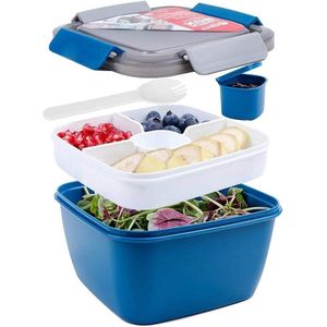 Saladecontainer, lunchcontainer, Bento Box voor lunch, 3 vakken voor salade en snacks, slakom met dressingcontainer, lekvrij, magnetronbestendig, 1500 ml, donkerblauw
