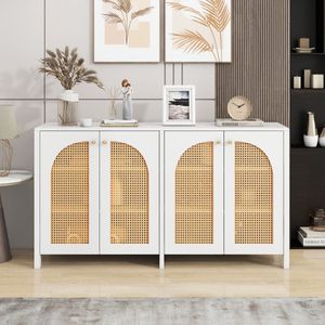 Sweiko Een Moderne Bestekkast in Minimalistische Stijl met vier rieten deuren en metalen handgrepen Een eenvoudige Buffetkast in de eetkamer, Woonkamer en keuken (Wit)