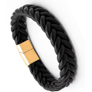 Victorious Gevlochten Leren Armband Heren – RVS Roestvrij Staal Sluiting – Zwart/Goud – 23cm