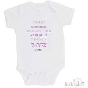 100% katoenen Romper ""Voor dit rompertje ben ik nog te klein maar wil je straks mijn Tante zijn? "" Meisjes Katoen Wit/lila Maat 56/62