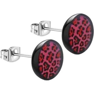 Aramat jewels ® - Oorstekers luipaard print roze zwart acryl staal 7mm