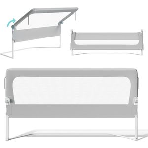 Bedhekje 150 cm - Universeel - Bedhek - Bedrail - Inklapbaar bedrekje - Verstelbaar - Grijs met opvangnet - Bedrand - Bedrail - Bedrek - 180° voor peuters Uitvalbeschermer Uitvalbeveiliging
