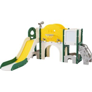 Merax 10-in-1 Kinderglijbaan en Klimtoestel - Multifunctioneel Speeltoestel met Basketbalring - Golfspel - Krijtbord en Lasso-spel - Veilig en Duurzaam voor Binnen en Buiten