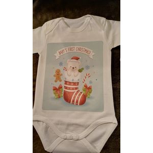 Baby's First Christmas Romper (Maat 50/56) – Romper met Korte Mouwen - Met Kerstsok – Leuk Kerstcadeau / Eerste Kerstoutfit – Feestelijke Babykleding