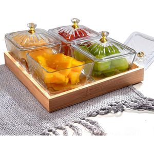 Snackschaal met houten trays set van 4 glazen serveerschalen dipschalen met deksel - ideaal voor het serveren van hapjes en snacks Schalen set