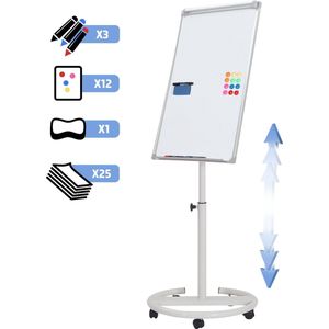 Jago - Mobiele Flip-over met Wielen en Ronde Basis - In Hoogte Verstelbare - 60 x 90 cm - Met Stiftenhouder met Accessoires - Magnetisch Whiteboard - Presentatiebord - Wit